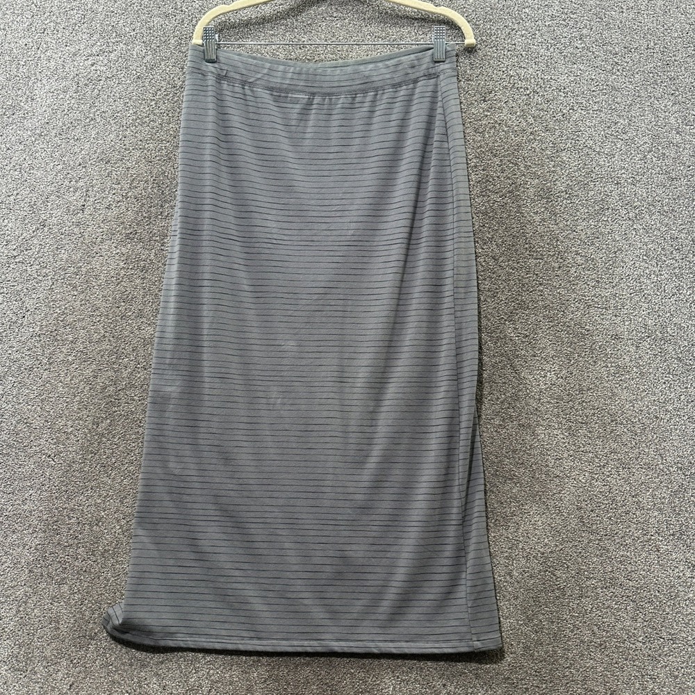 Life is Good Jersey Knit Maxi Skirt Medium Gray Stripe Pull On Side Slit Comfort